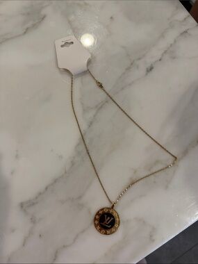 Louis Vuitton Gold and Black Round Logo Pendant Necklace